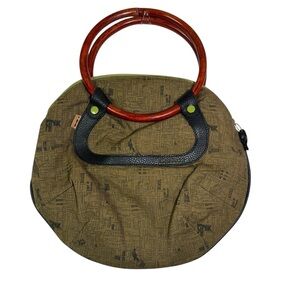 Skunkfunk Geometric Print Tote‎ Bag | Retro Wooden Handle Purse